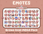 Brown Goat Twitch emote mega pack featuring 50 emotes including hype, kiss, raid, and lurk.