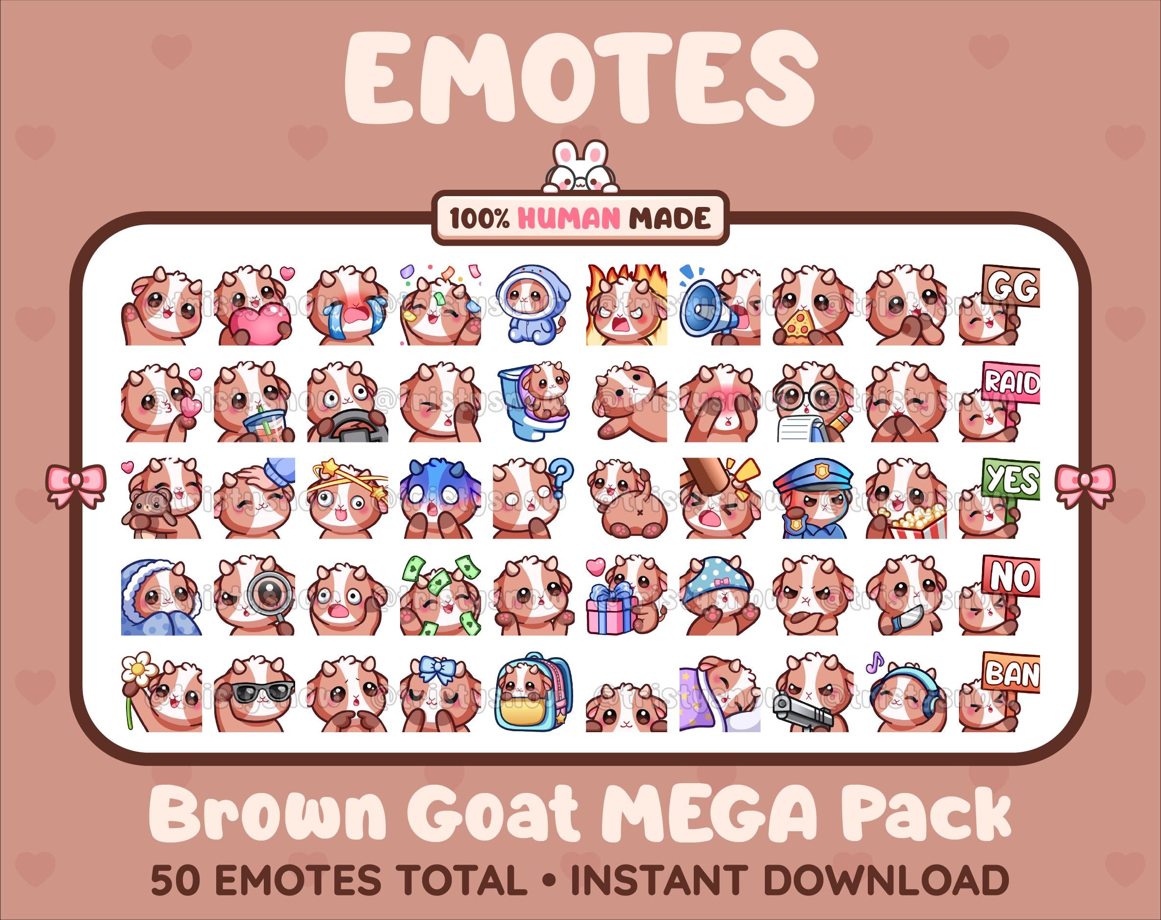 Brown Goat Twitch emote mega pack featuring 50 emotes including hype, kiss, raid, and lurk.