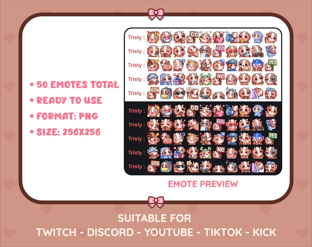 Brown Goat Twitch emote mega pack preview displaying all 50 emotes with format and size information.