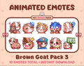 Brown Goat animated Twitch emote pack featuring 10 emotes including hug, scared, bonk, and popcorn.