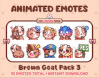 Brown Goat animated Twitch emote pack featuring 10 emotes including hug, scared, bonk, and popcorn.