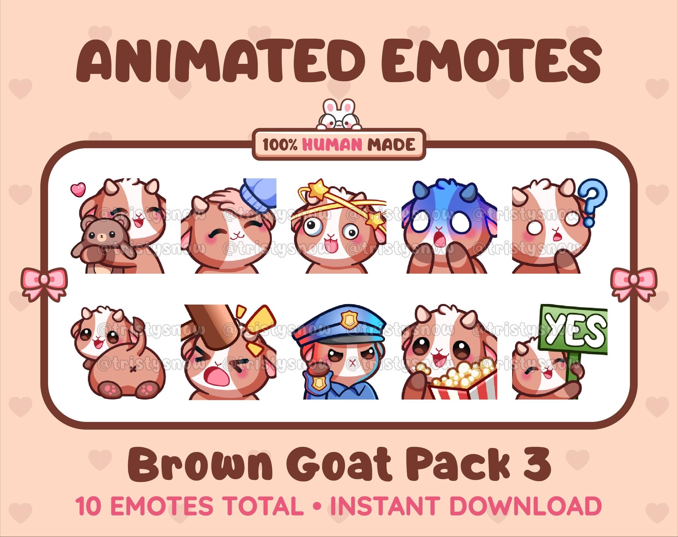 Brown Goat animated Twitch emote pack featuring 10 emotes including hug, scared, bonk, and popcorn.