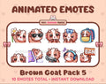 Brown Goat animated Twitch emote pack featuring 10 emotes including flower, cool, plead, and lurk.