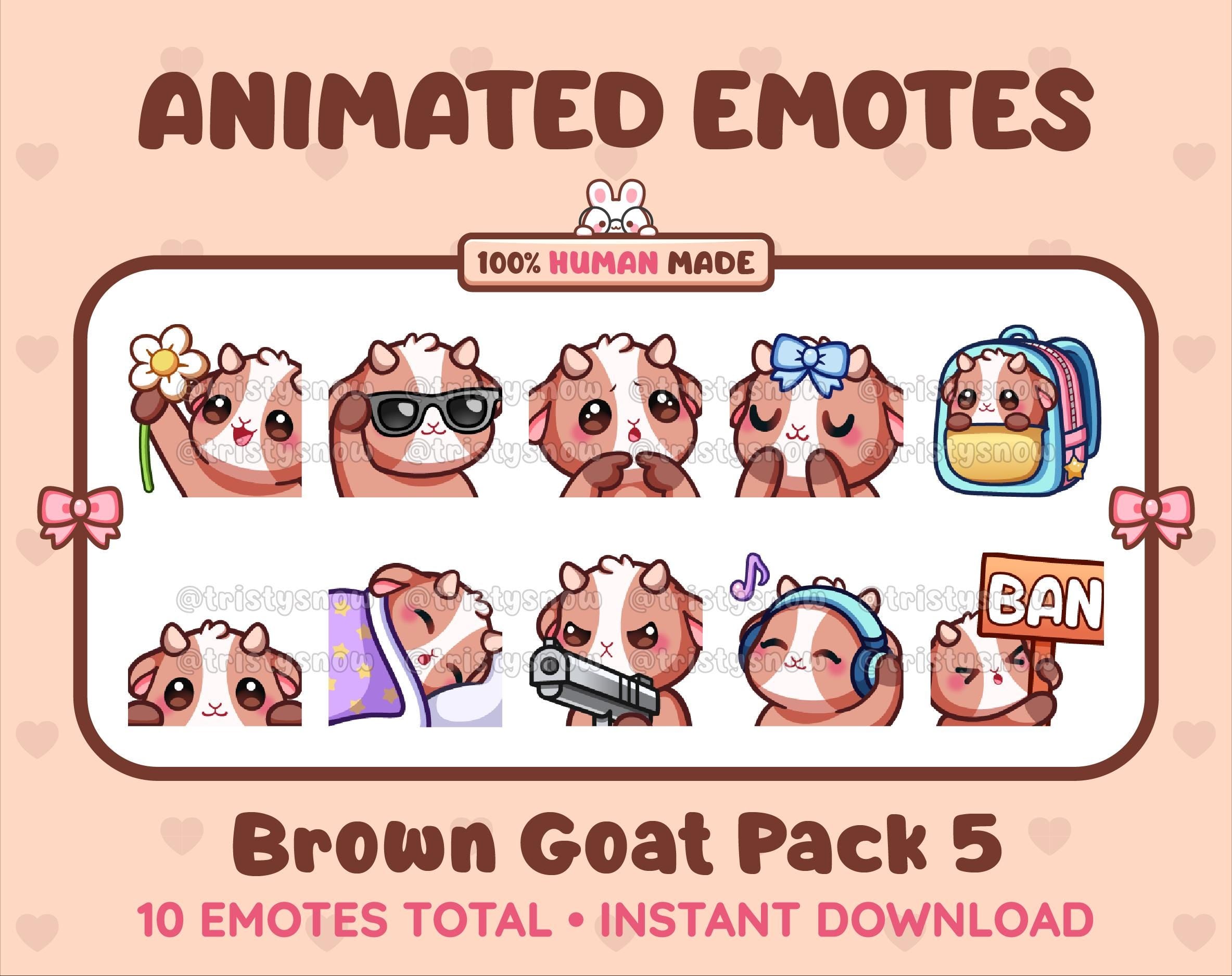 Brown Goat animated Twitch emote pack featuring 10 emotes including flower, cool, plead, and lurk.