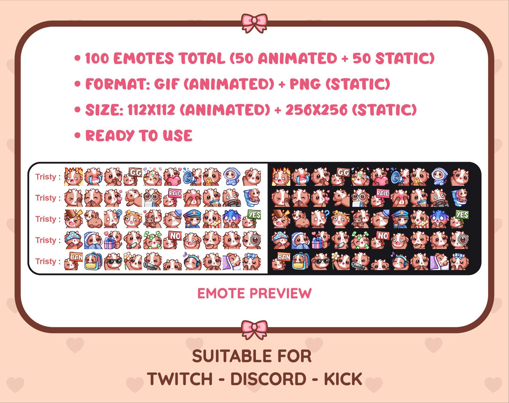 Brown Goat animated Twitch emote mega pack preview displaying all 50 emotes with format and size information.