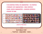 Brown Goat animated Twitch emote mega pack preview displaying all 50 emotes with format and size information.