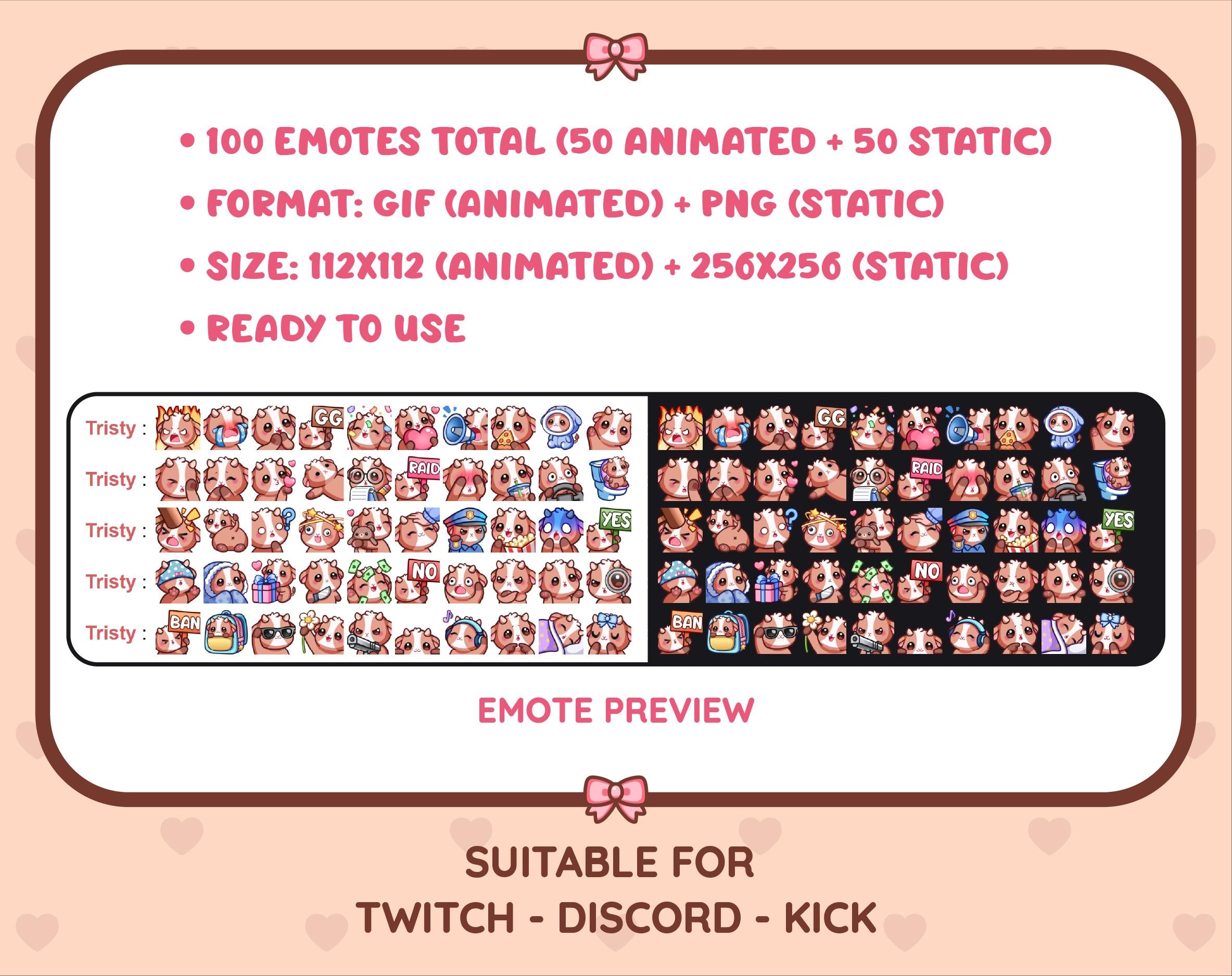 Brown Goat animated Twitch emote mega pack preview displaying all 50 emotes with format and size information.