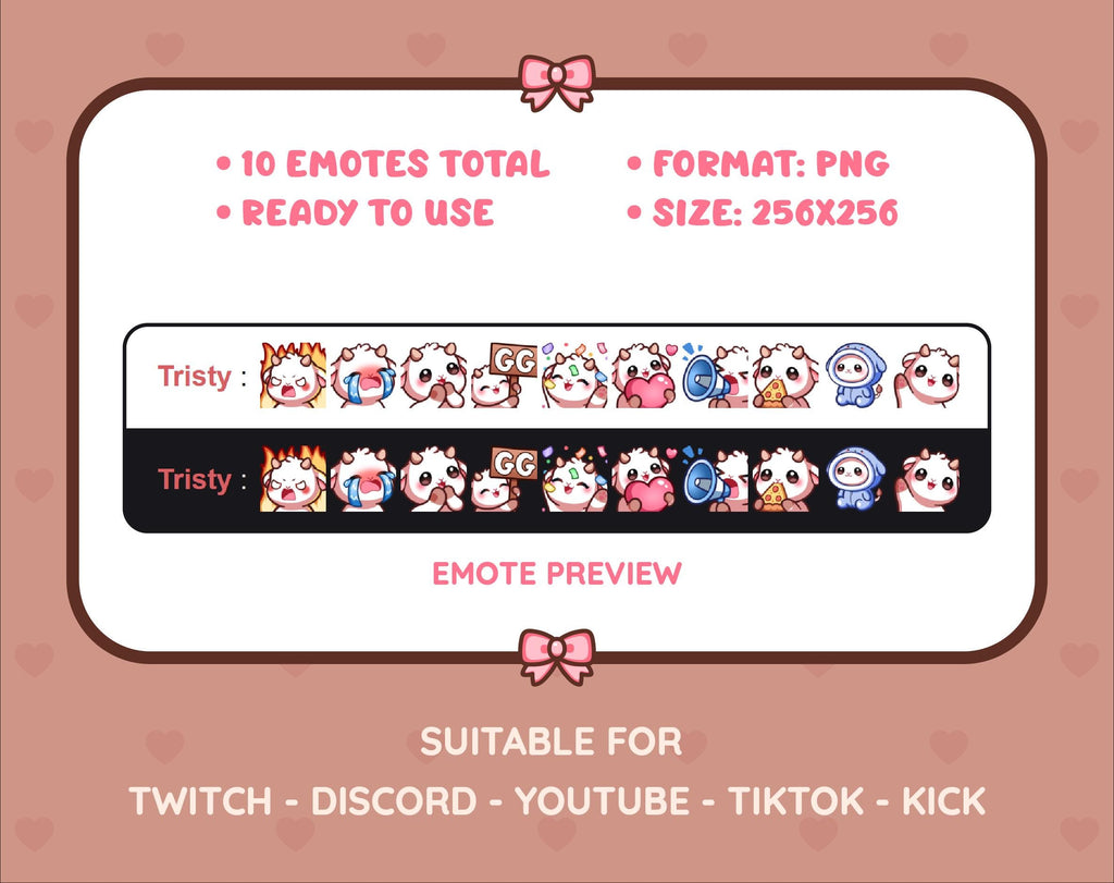 White Goat Twitch emote pack preview displaying all 10 emotes with format and size information.