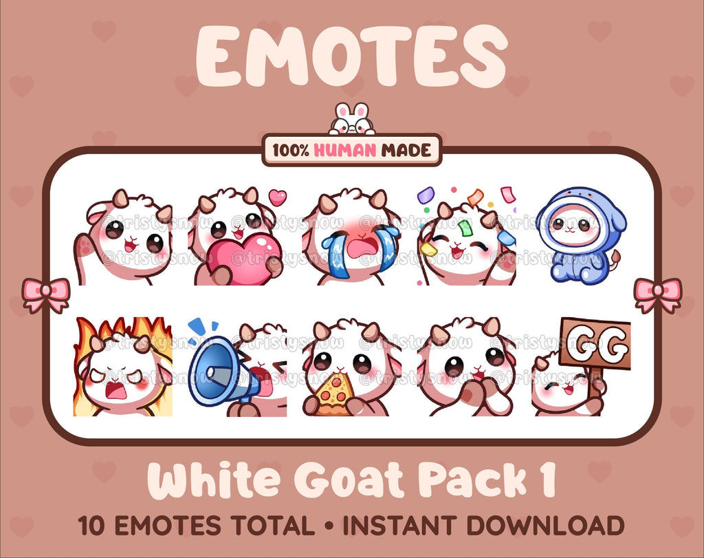 White Goat Twitch emote pack featuring 10 emotes including GG, angry, cry, and hype.