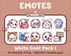 White Goat Twitch emote pack featuring 10 emotes including GG, angry, cry, and hype.