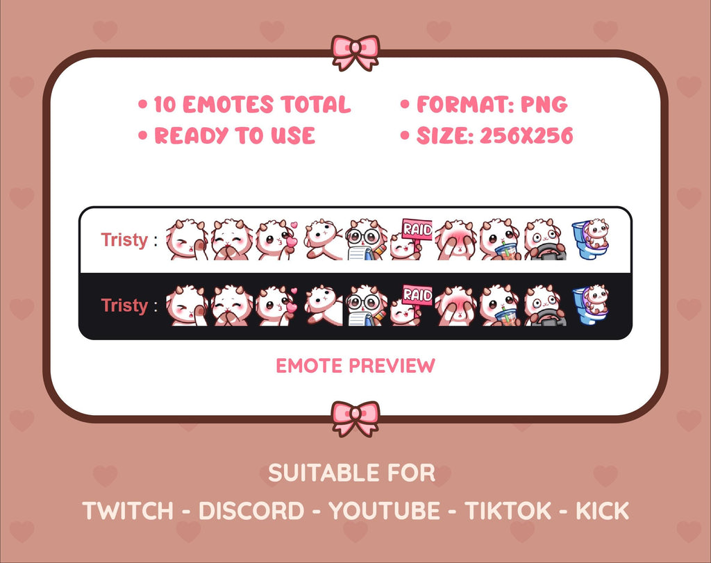 White Goat Twitch emote pack preview displaying all 10 emotes with format and size information.