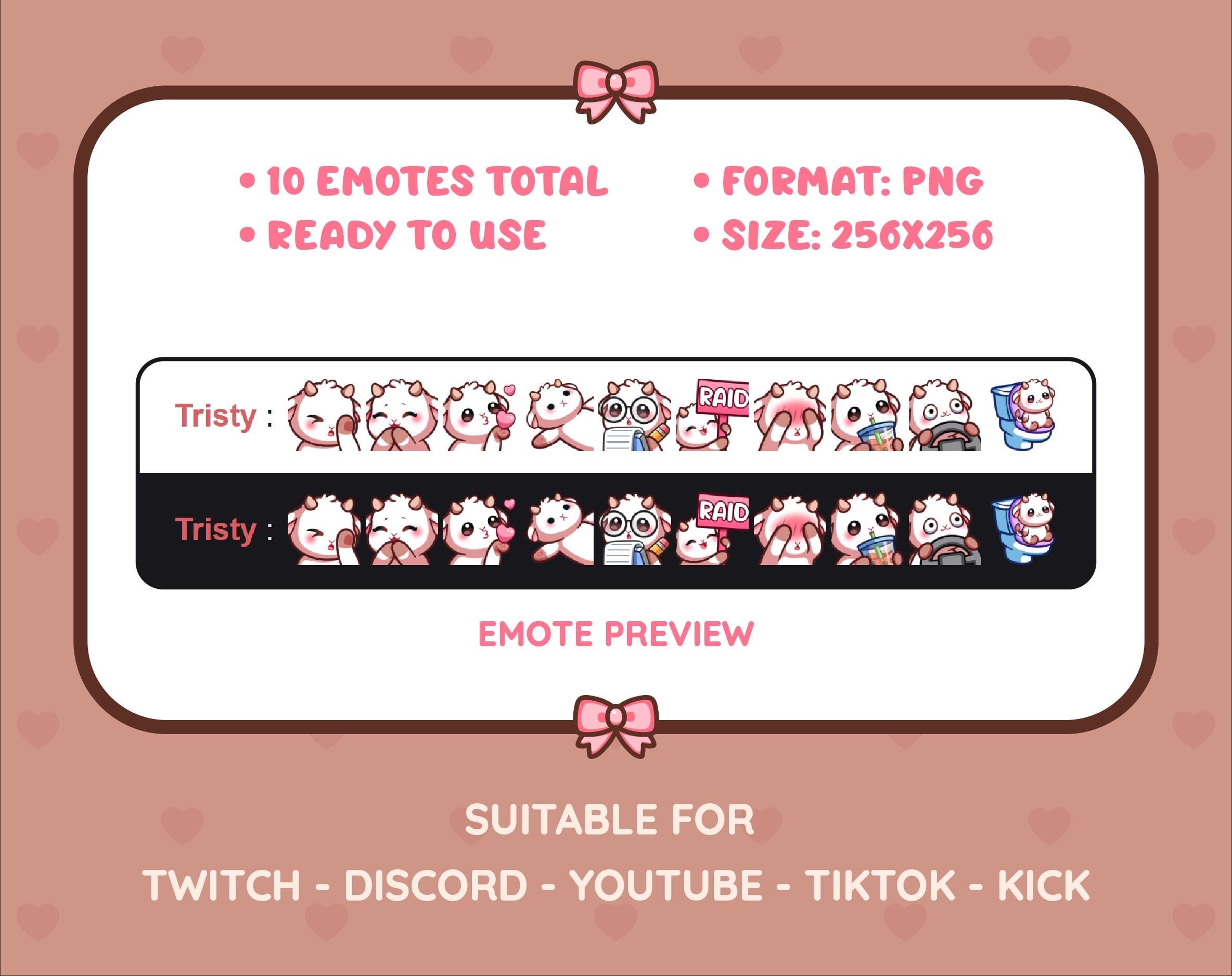 White Goat Twitch emote pack preview displaying all 10 emotes with format and size information.