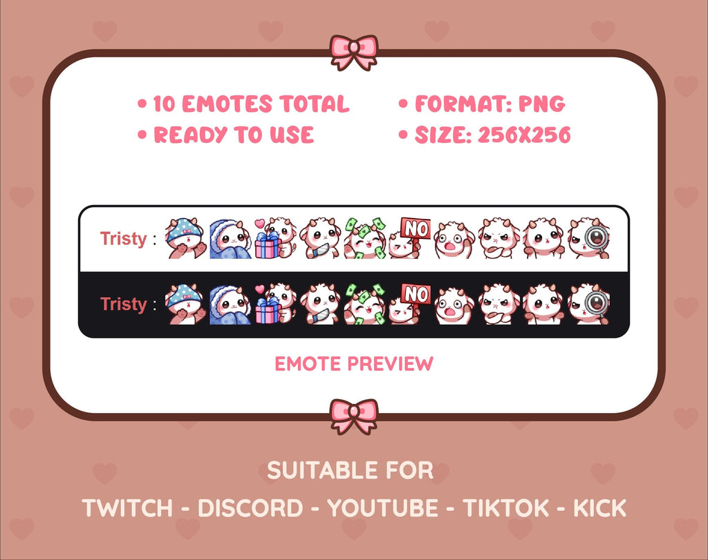 White Goat Twitch emote pack preview displaying all 10 emotes with format and size information.