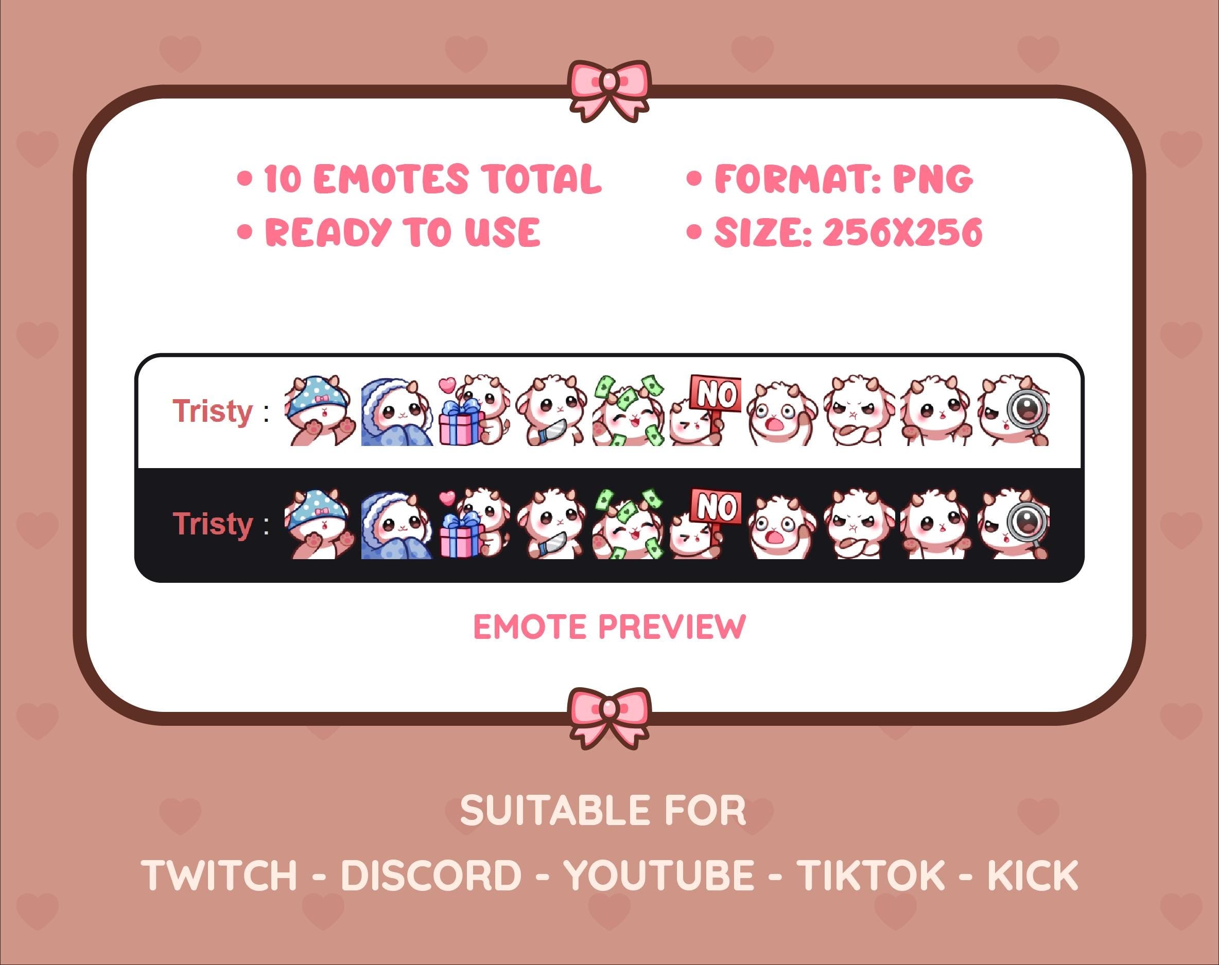 White Goat Twitch emote pack preview displaying all 10 emotes with format and size information.