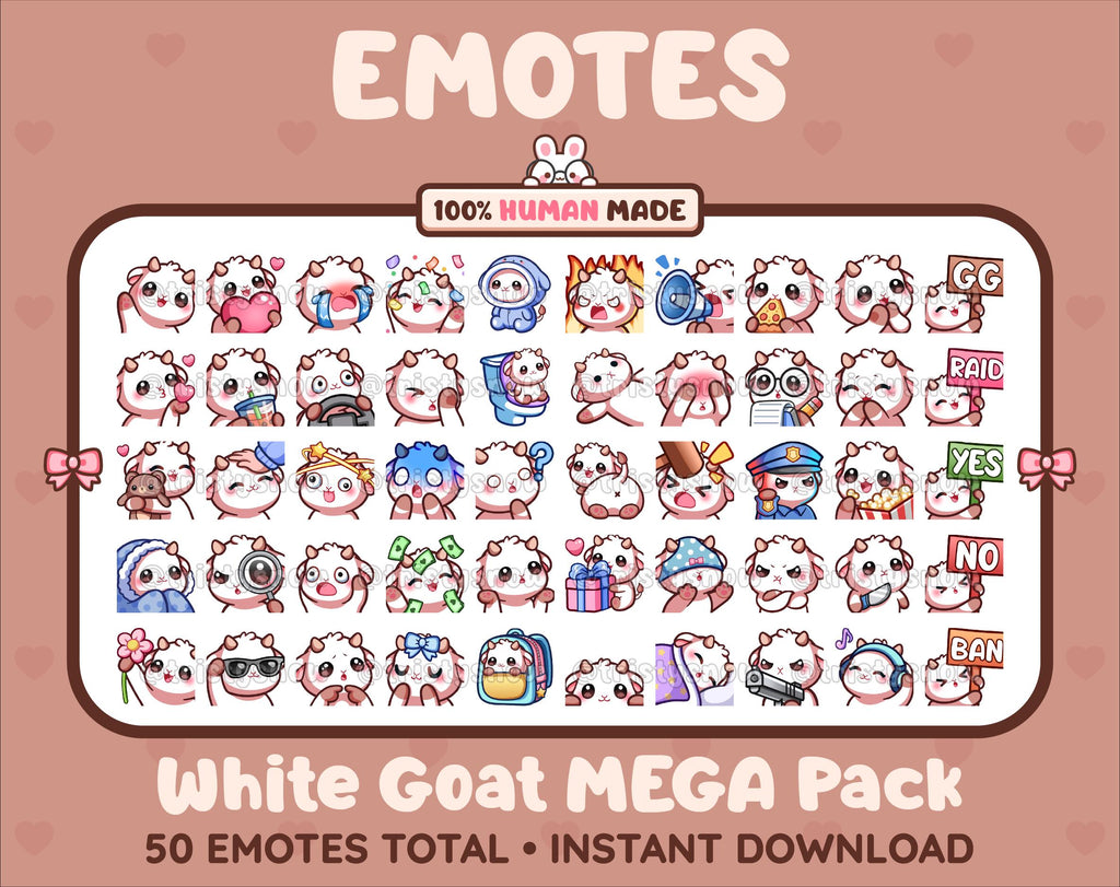 White Goat Twitch emote mega pack featuring 50 emotes including hype, kiss, raid, and lurk.