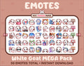 White Goat Twitch emote mega pack featuring 50 emotes including hype, kiss, raid, and lurk.