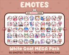 White Goat Twitch emote mega pack featuring 50 emotes including hype, kiss, raid, and lurk.