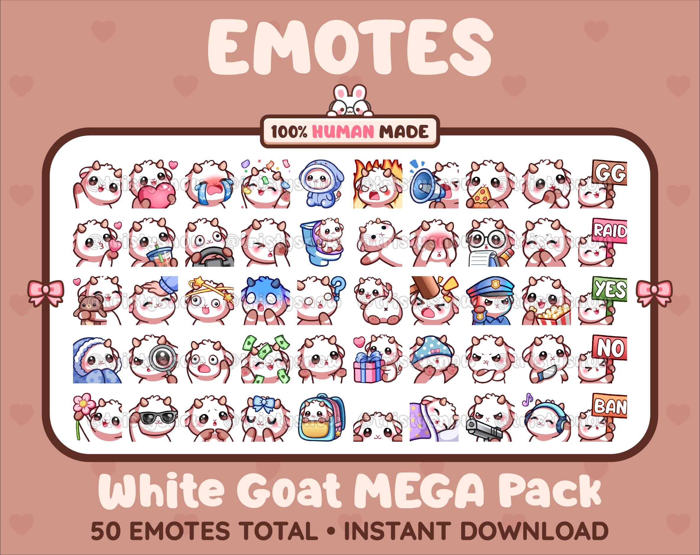 White Goat Twitch emote mega pack featuring 50 emotes including hype, kiss, raid, and lurk.