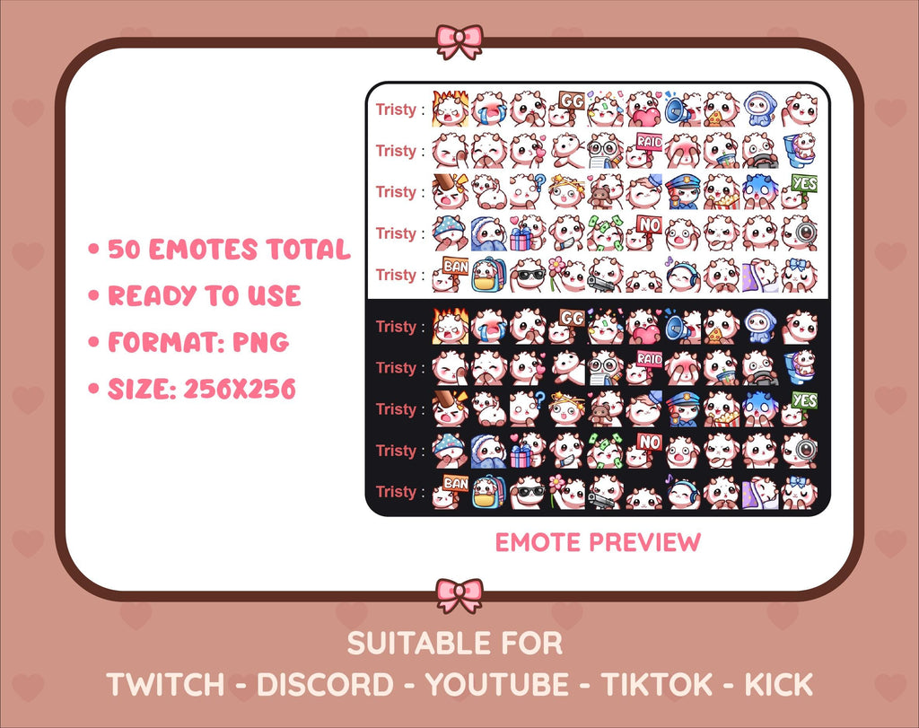 White Goat Twitch emote mega pack preview displaying all 50 emotes with format and size information.