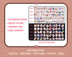 White Goat Twitch emote mega pack preview displaying all 50 emotes with format and size information.