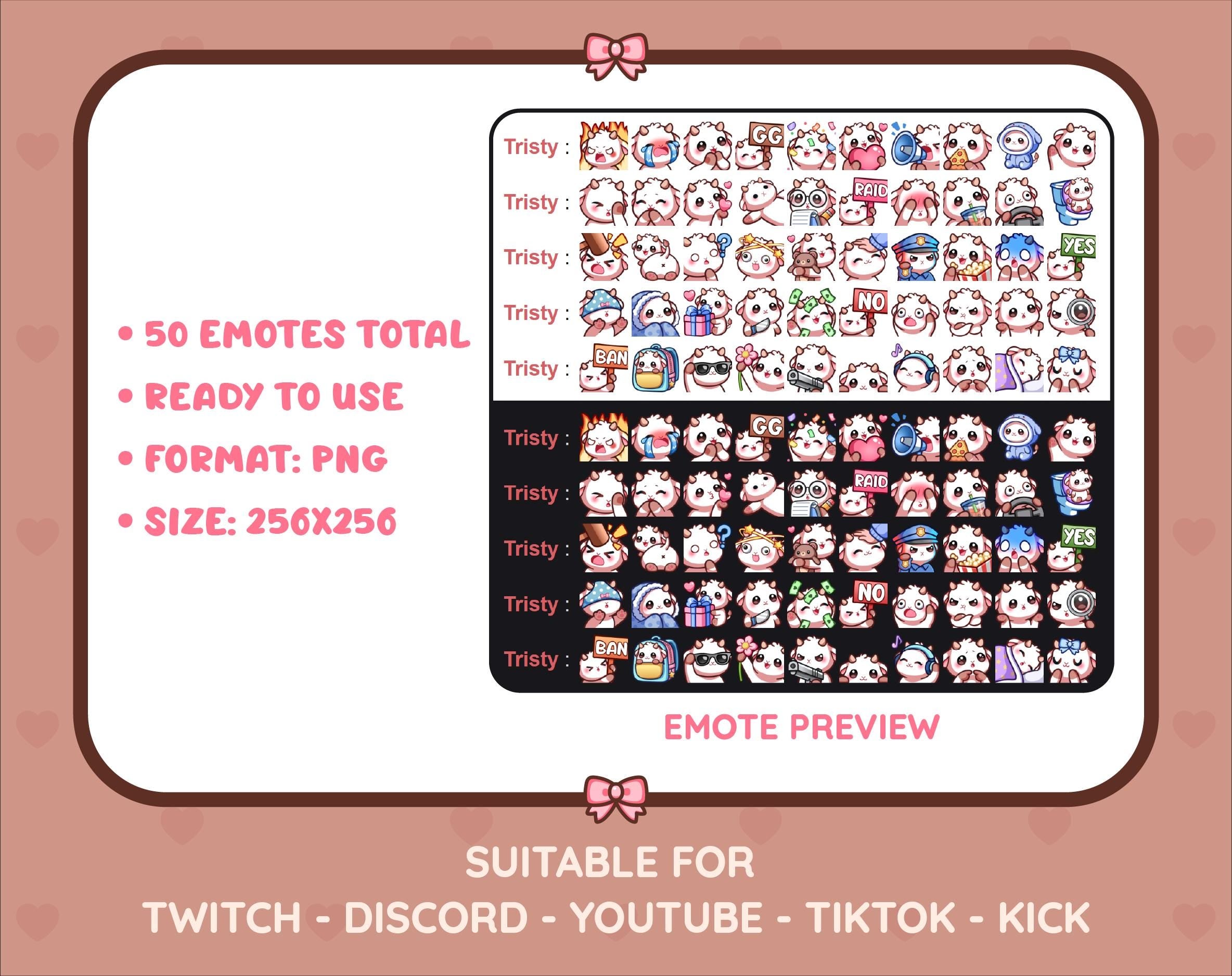 White Goat Twitch emote mega pack preview displaying all 50 emotes with format and size information.