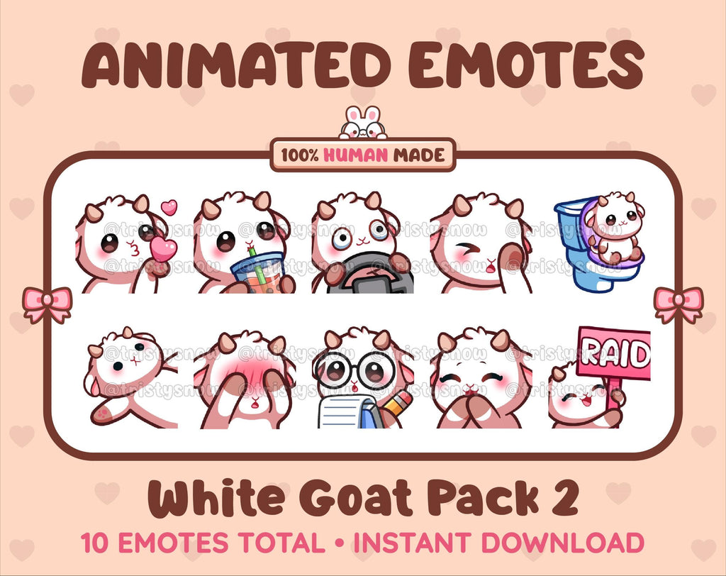 White Goat animated Twitch emote pack featuring 10 emotes including kiss, facepalm, shy, and raid.