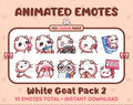 White Goat animated Twitch emote pack featuring 10 emotes including kiss, facepalm, shy, and raid.
