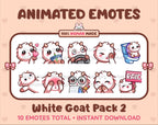 White Goat animated Twitch emote pack featuring 10 emotes including kiss, facepalm, shy, and raid.