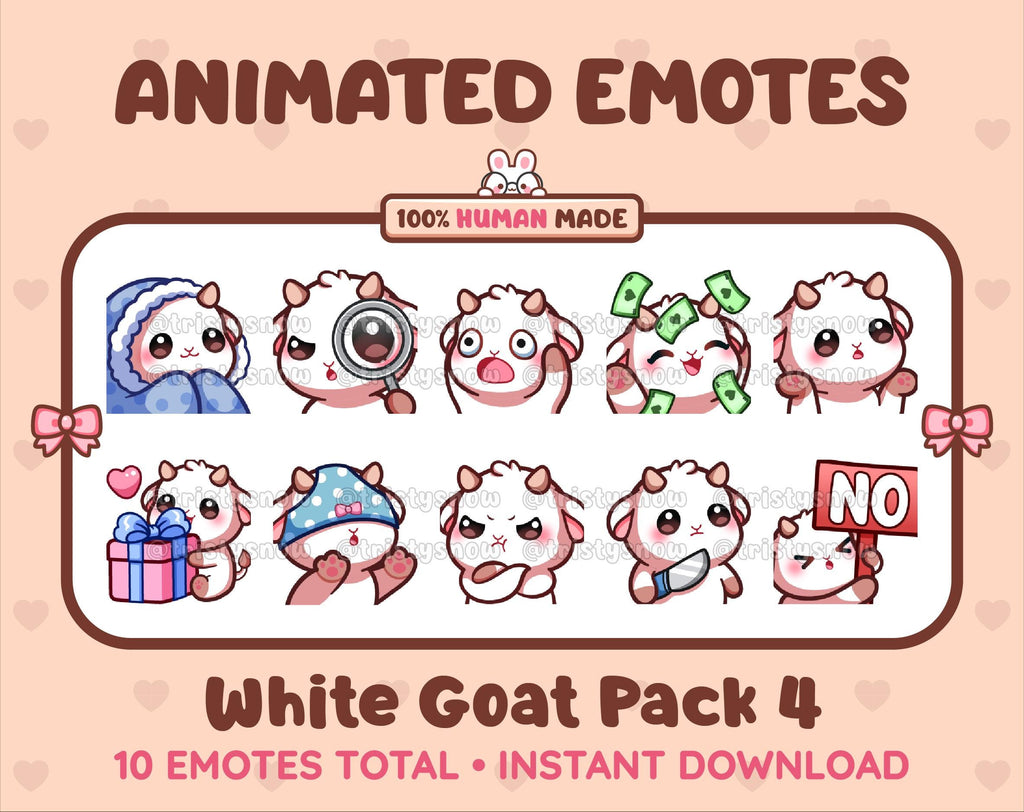 White Goat animated Twitch emote pack featuring 10 emotes including cozy, sus, panic, and shrug.