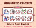 White Goat animated Twitch emote pack featuring 10 emotes including cozy, sus, panic, and shrug.