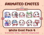 White Goat animated Twitch emote pack featuring 10 emotes including cozy, sus, panic, and shrug.