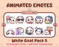 White Goat animated Twitch emote pack featuring 10 emotes including flower, cool, plead, and lurk.