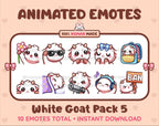 White Goat animated Twitch emote pack featuring 10 emotes including flower, cool, plead, and lurk.