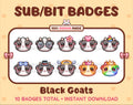 Black Goat Twitch sub badge pack featuring 10 subscriber badges with progressive addon elements.