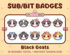 Black Goat Twitch sub badge pack featuring 10 subscriber badges with progressive addon elements.