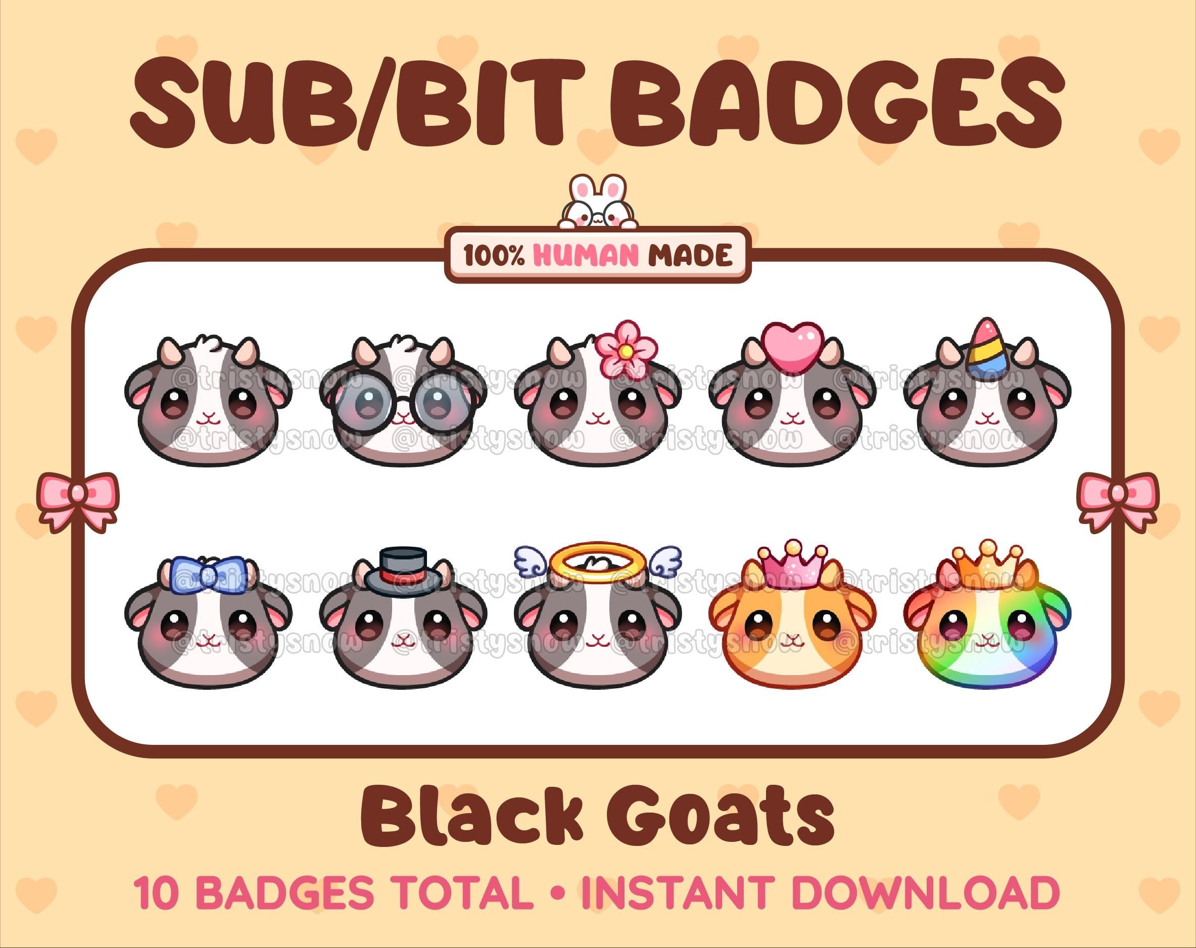 Black Goat Twitch sub badge pack featuring 10 subscriber badges with progressive addon elements.