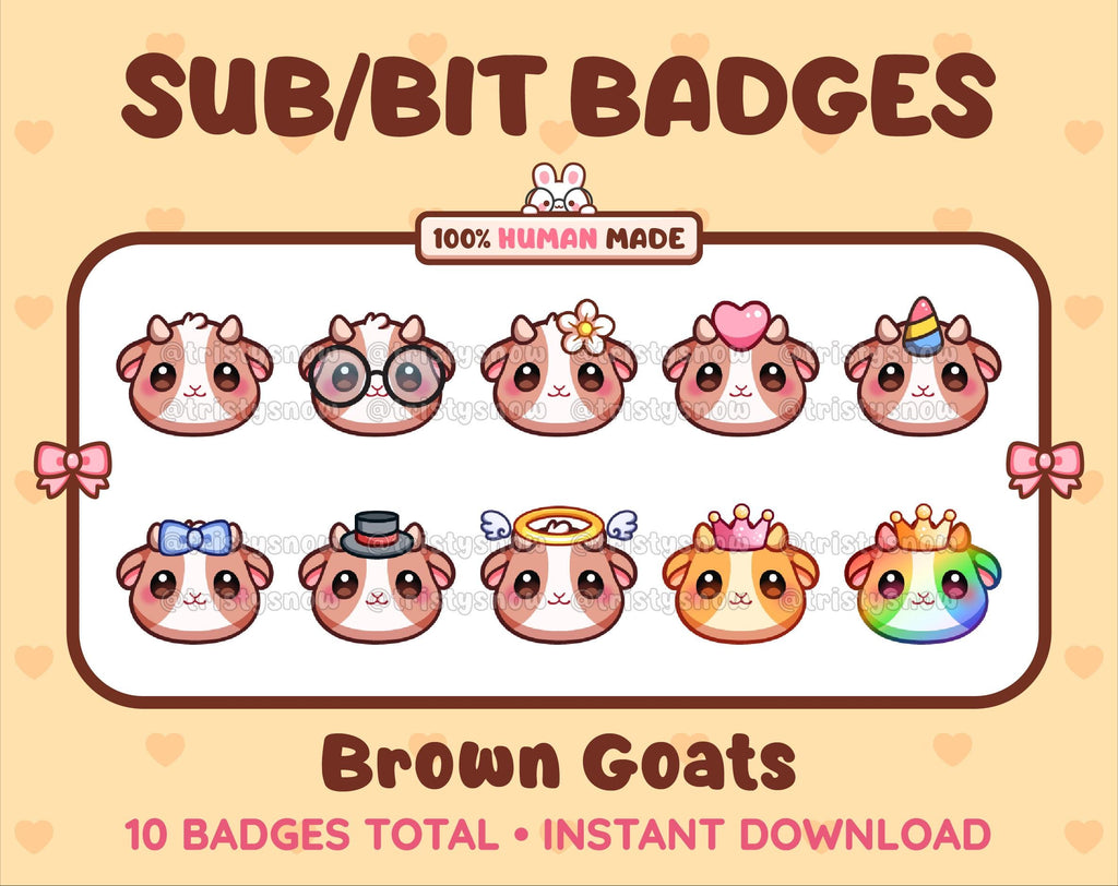 Brown Goat Twitch sub badge pack featuring 10 subscriber badges with progressive addon elements.