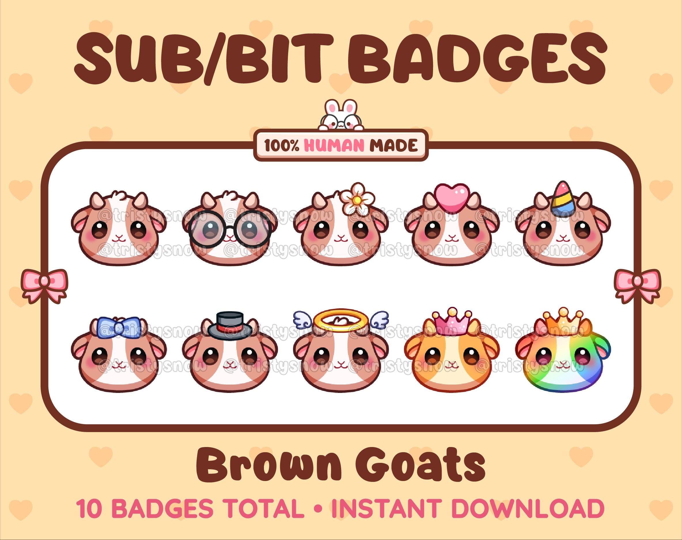 Brown Goat Twitch sub badge pack featuring 10 subscriber badges with progressive addon elements.