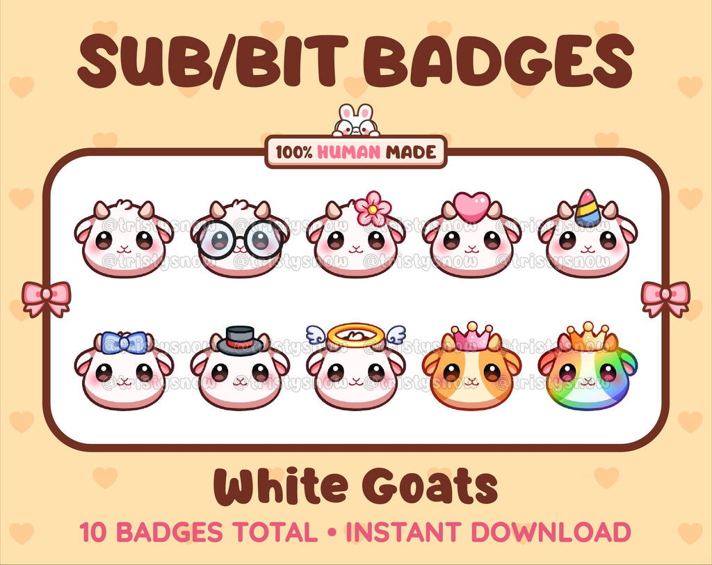 White Goat Twitch sub badge pack featuring 10 subscriber badges with progressive addon elements.
