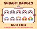 White Goat Twitch sub badge pack featuring 10 subscriber badges with progressive addon elements.