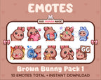 Brown Bunny Twitch emote pack featuring 10 emotes including GG, angry, cry, and hype.