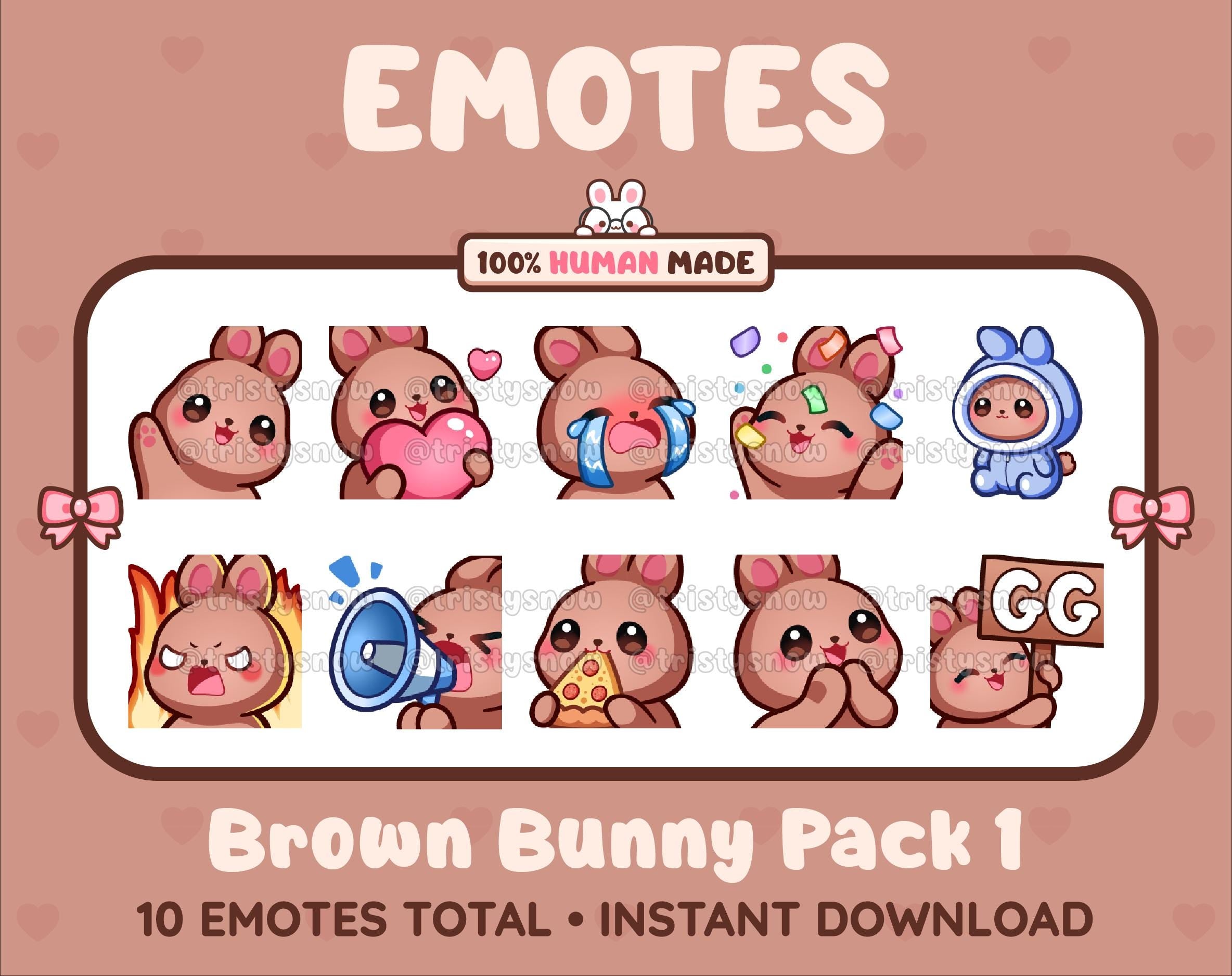 Brown Bunny Twitch emote pack featuring 10 emotes including GG, angry, cry, and hype.