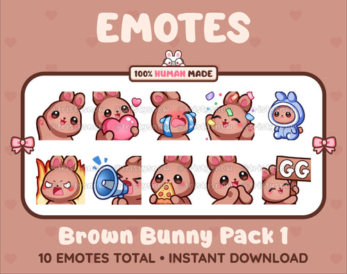 Brown Bunny Twitch emote pack featuring 10 emotes including GG, angry, cry, and hype.