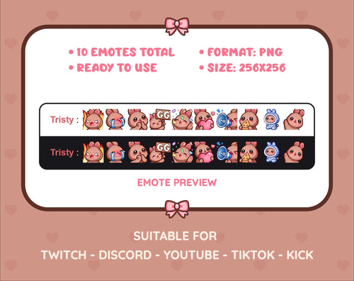 Brown Bunny Twitch emote pack preview displaying all 10 emotes with format and size information.