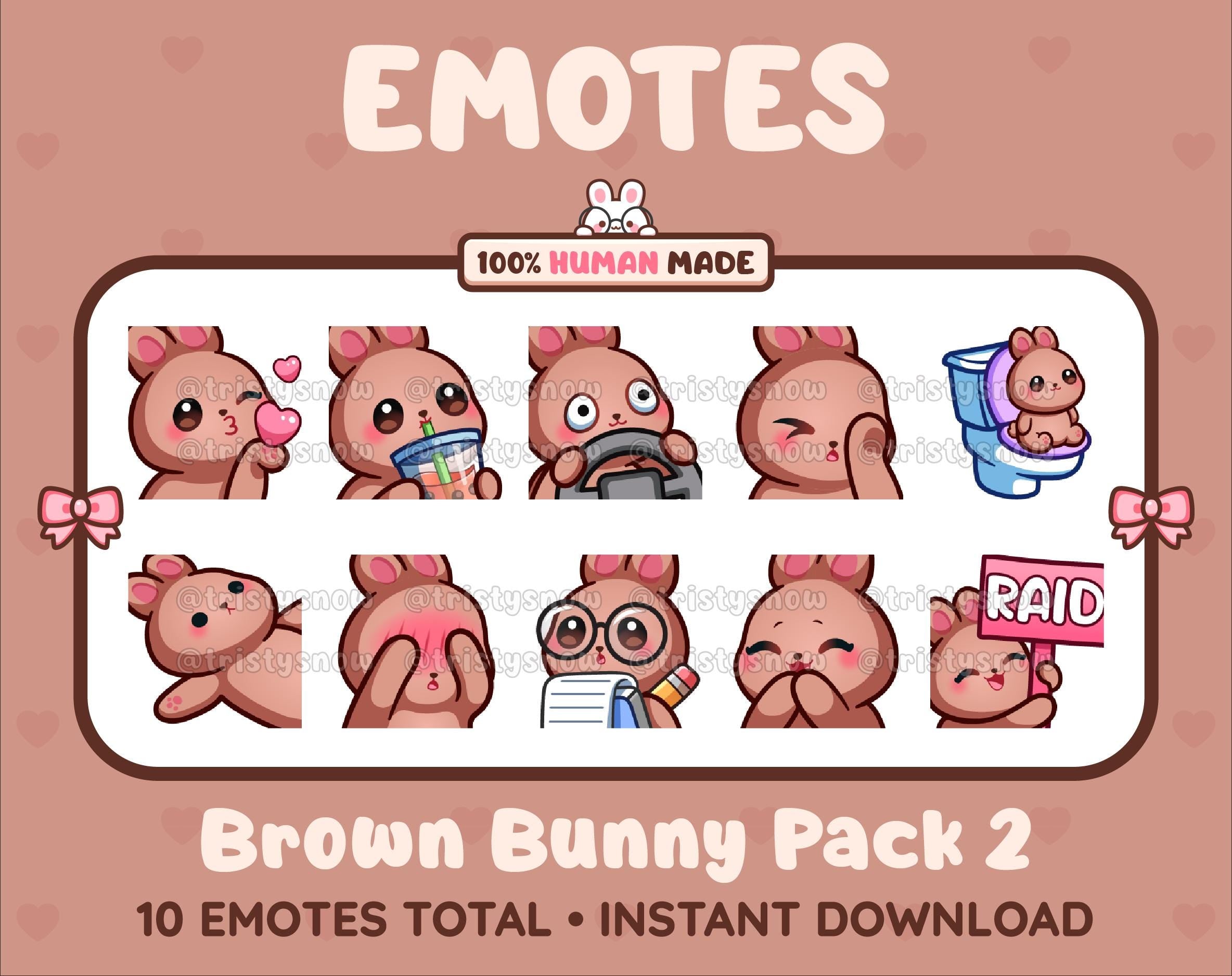 Brown Bunny Twitch emote pack featuring 10 emotes including kiss, facepalm, shy, and raid.