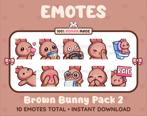 Brown Bunny Twitch emote pack featuring 10 emotes including kiss, facepalm, shy, and raid.