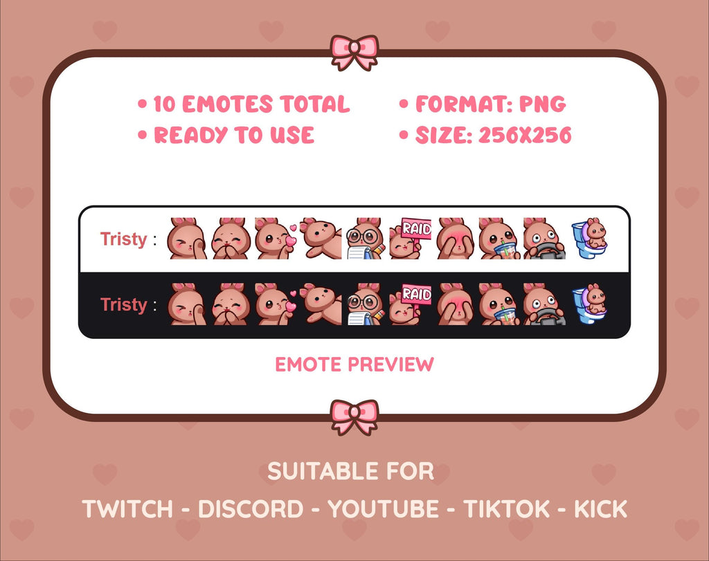 Brown Bunny Twitch emote pack preview displaying all 10 emotes with format and size information.