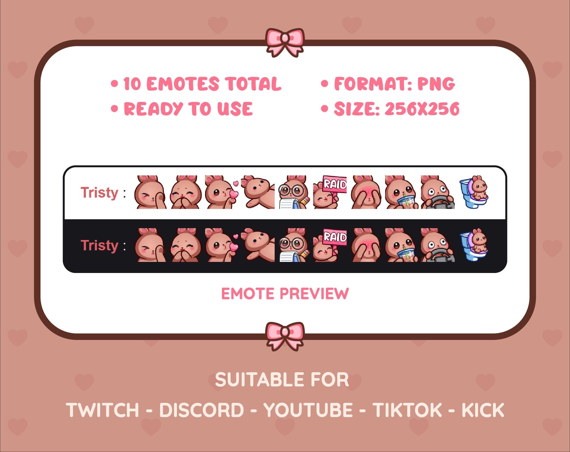 Brown Bunny Twitch emote pack preview displaying all 10 emotes with format and size information.