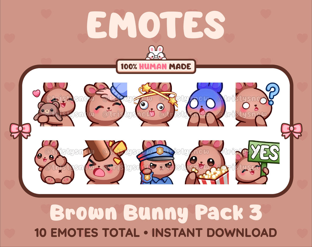 Brown Bunny Twitch emote pack featuring 10 emotes including hug, scared, bonk, and popcorn.