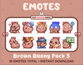Brown Bunny Twitch emote pack featuring 10 emotes including hug, scared, bonk, and popcorn.
